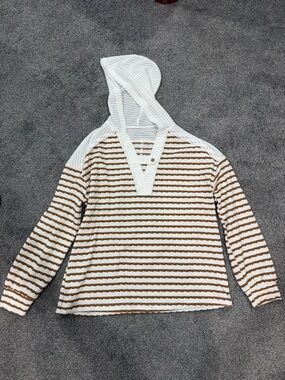 Striped Hooded Pullover Sweater - White & Brown